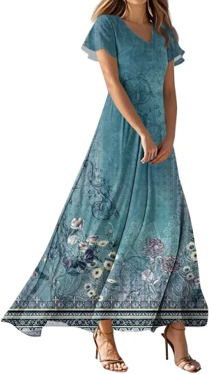 Summer Dresses for Women 2025 Elegant Classy Flowy Ruffle Swing V Neck A Line Dress Casual Boho Long Maxi Sundresses