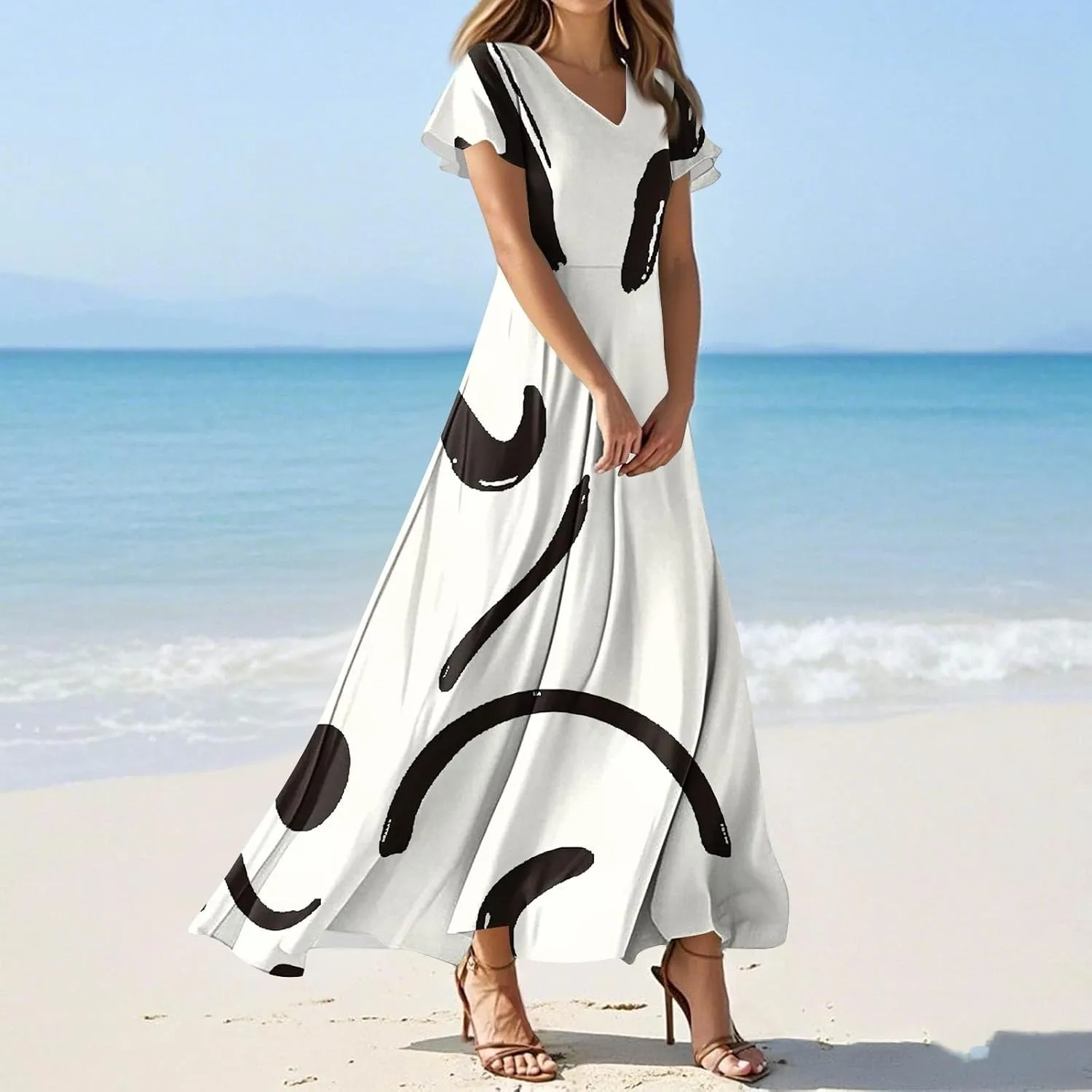 Summer Dresses for Women 2025 Elegant Classy Flowy Ruffle Swing V Neck A Line Dress Casual Boho Long Maxi Sundresses