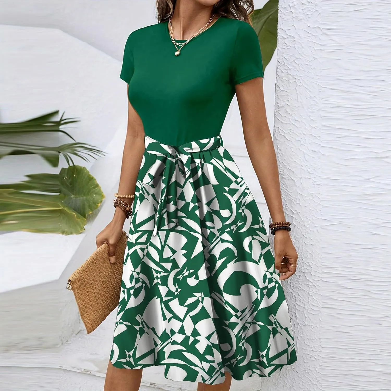 Summer Dresses for Women 2025 Office Work Teacher Dress with Tie Waist Short Sleeve Wrap Around Midi Dresses