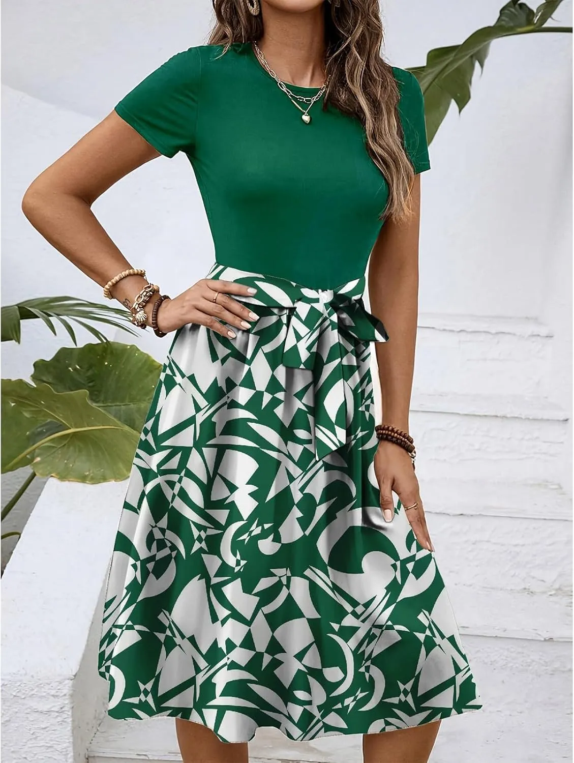 Summer Dresses for Women 2025 Office Work Teacher Dress with Tie Waist Short Sleeve Wrap Around Midi Dresses