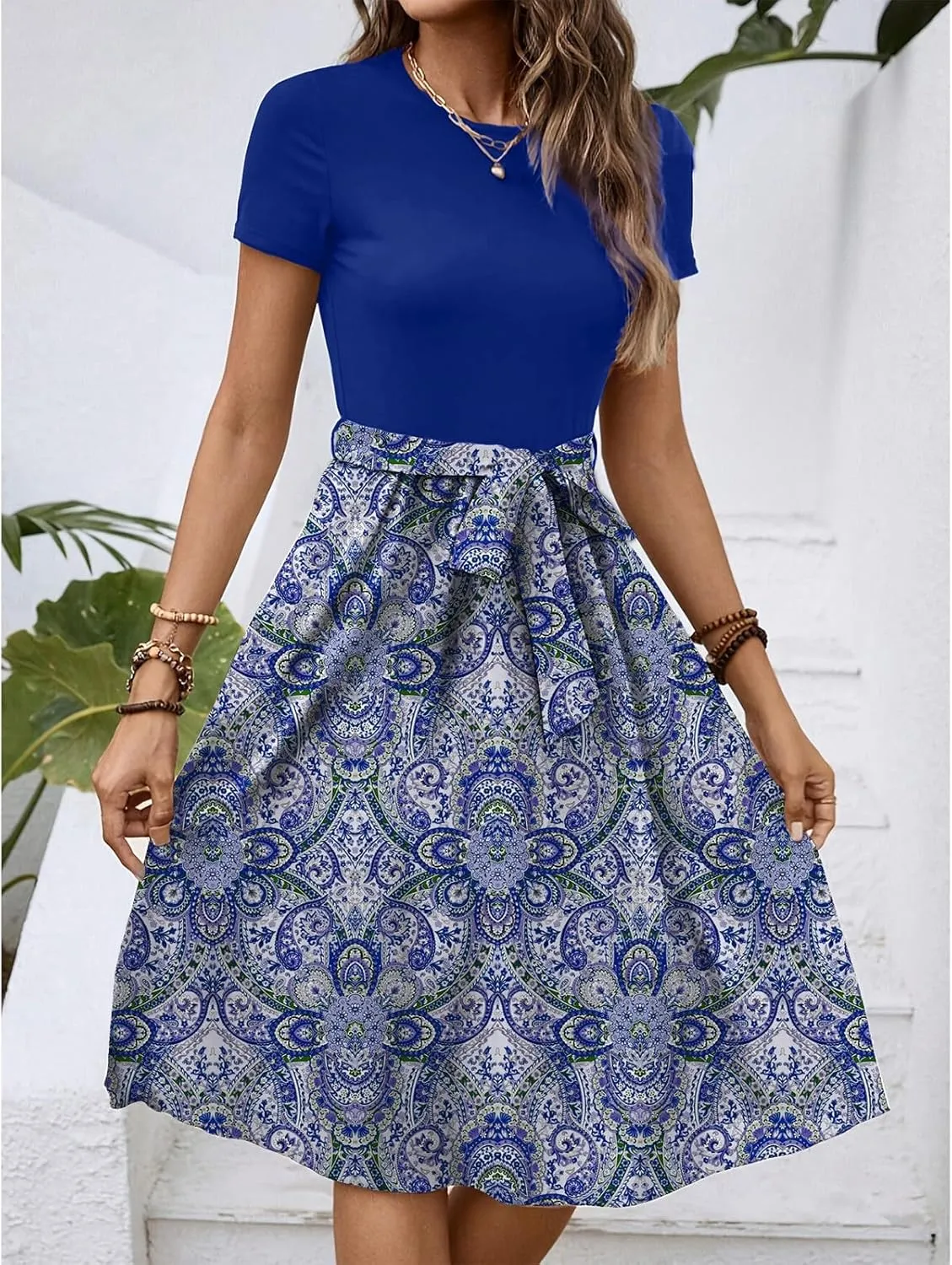 Summer Dresses for Women 2025 Office Work Teacher Dress with Tie Waist Short Sleeve Wrap Around Midi Dresses