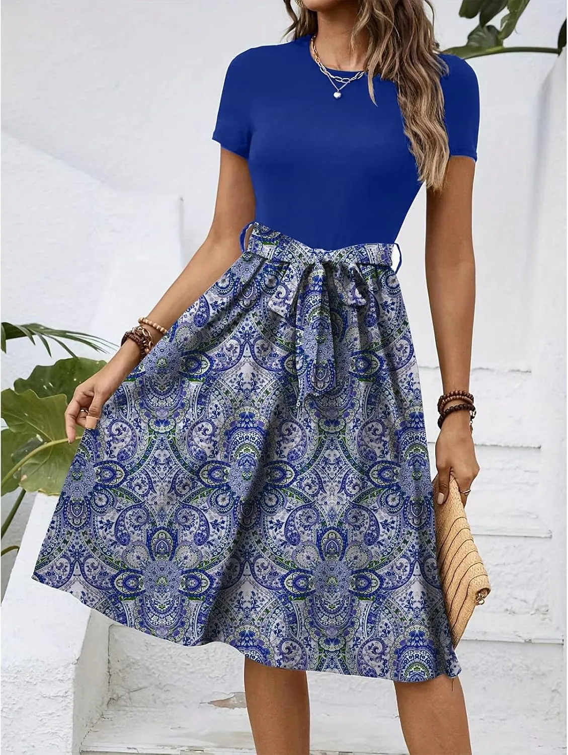 Summer Dresses for Women 2025 Office Work Teacher Dress with Tie Waist Short Sleeve Wrap Around Midi Dresses