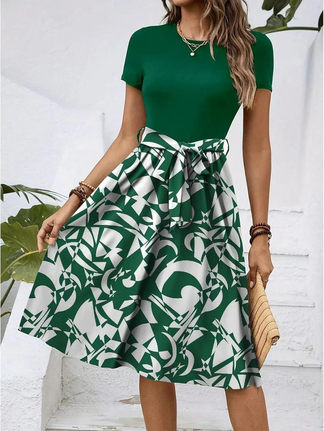 Summer Dresses for Women 2025 Office Work Teacher Dress with Tie Waist Short Sleeve Wrap Around Midi Dresses