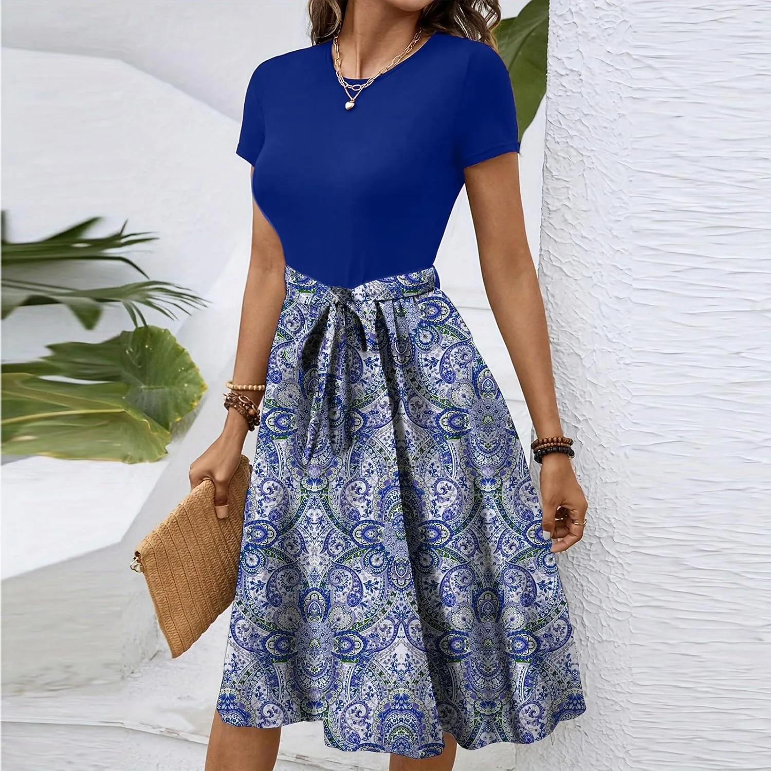 Summer Dresses for Women 2025 Office Work Teacher Dress with Tie Waist Short Sleeve Wrap Around Midi Dresses