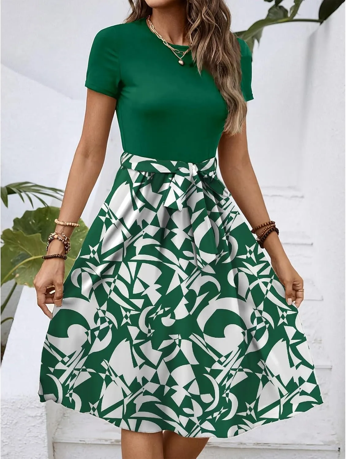 Summer Dresses for Women 2025 Office Work Teacher Dress with Tie Waist Short Sleeve Wrap Around Midi Dresses