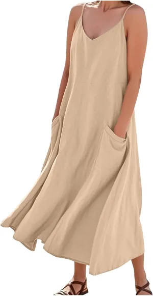 Summer Dresses for Women 2025 Trendy Adjustable Spaghetti Strap Slip Dress Flowy Maxi Linen Sundress with Pockets