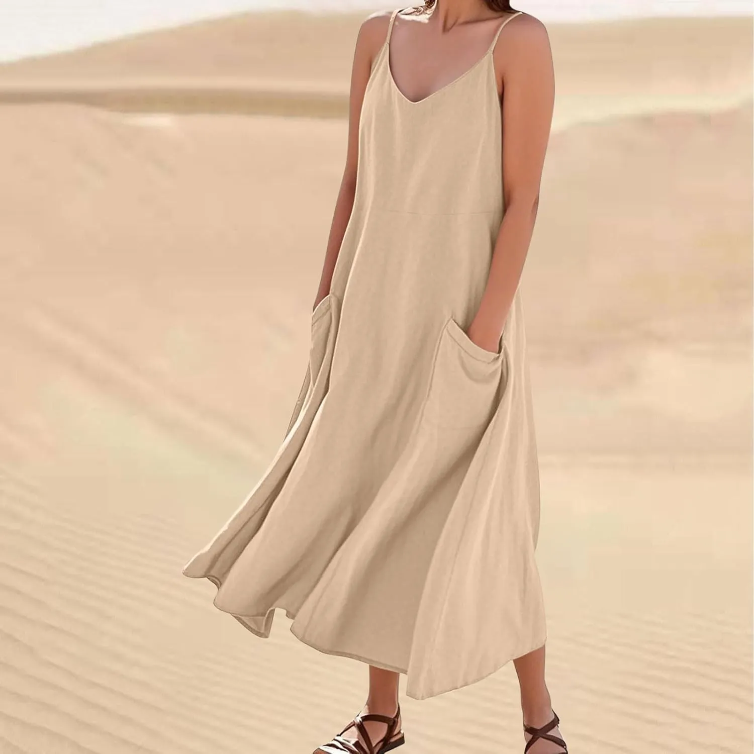 Summer Dresses for Women 2025 Trendy Adjustable Spaghetti Strap Slip Dress Flowy Maxi Linen Sundress with Pockets