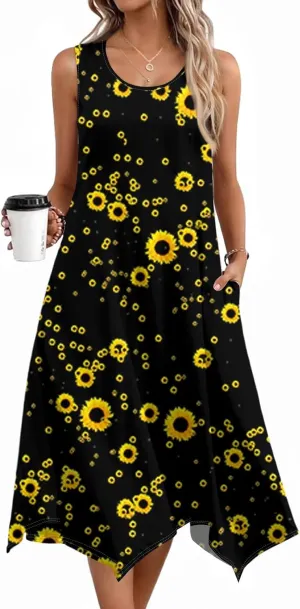 Summer Midi Dresses for Women 2025 Casual Vacation Handkerchief Tank Dress with Pockets Sundress Beach Cover ups