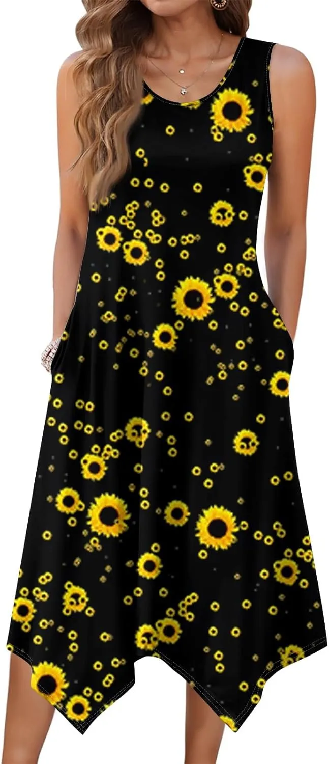 Summer Midi Dresses for Women 2025 Casual Vacation Handkerchief Tank Dress with Pockets Sundress Beach Cover ups
