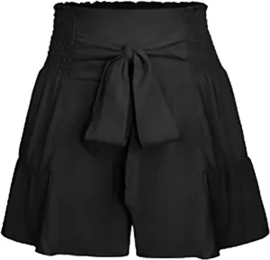Summer Shorts for Women Smocked High Waist Flowy Shorts Comfy Elastic Waist Summer Ruffle Tiered Short with Pockets