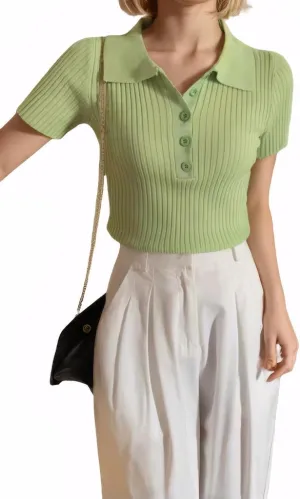 Summer Women's Knitted Polo Button Short Sleeve Ribbed T-Shirt Top