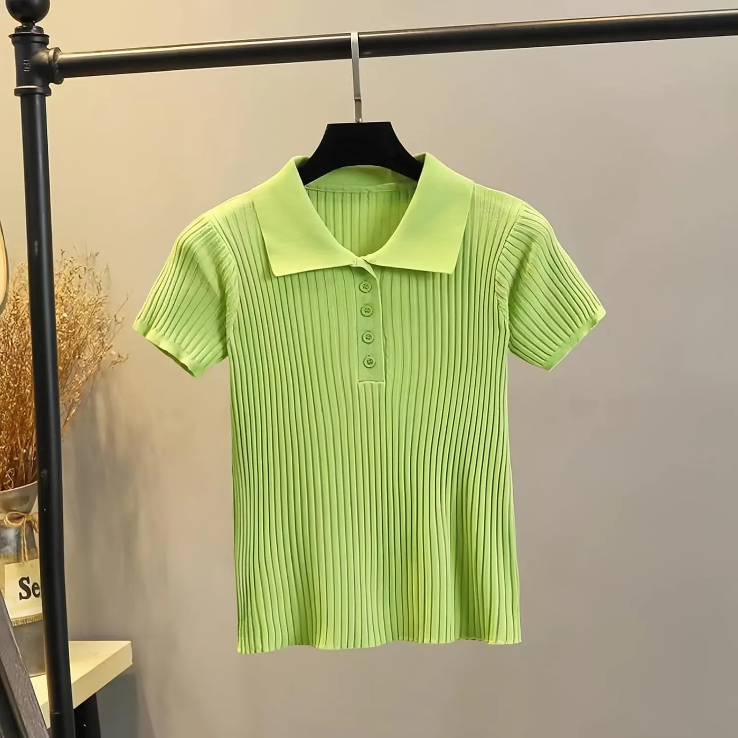 Summer Women's Knitted Polo Button Short Sleeve Ribbed T-Shirt Top