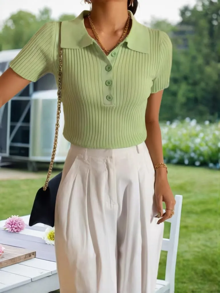 Summer Women's Knitted Polo Button Short Sleeve Ribbed T-Shirt Top