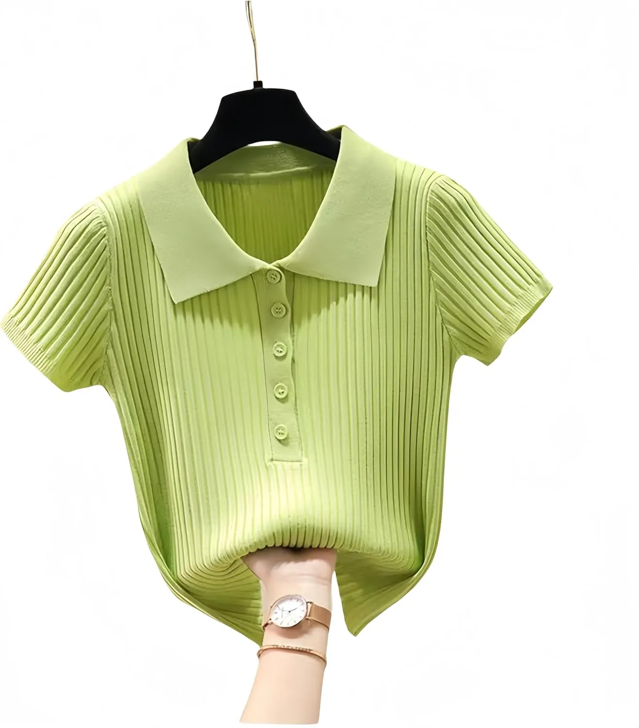 Summer Women's Knitted Polo Button Short Sleeve Ribbed T-Shirt Top