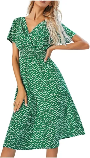 Summer Wrap Dresses for Women 2025 Floral V Neck Knee Length Short Sleeve Dress Hawaiian Boho Wedding Guest Dress