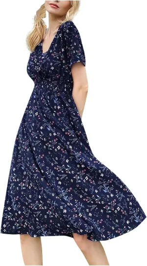 Summer Wrap Dresses for Women 2025 Floral V Neck Knee Length Short Sleeve Dress Hawaiian Boho Wedding Guest Dress