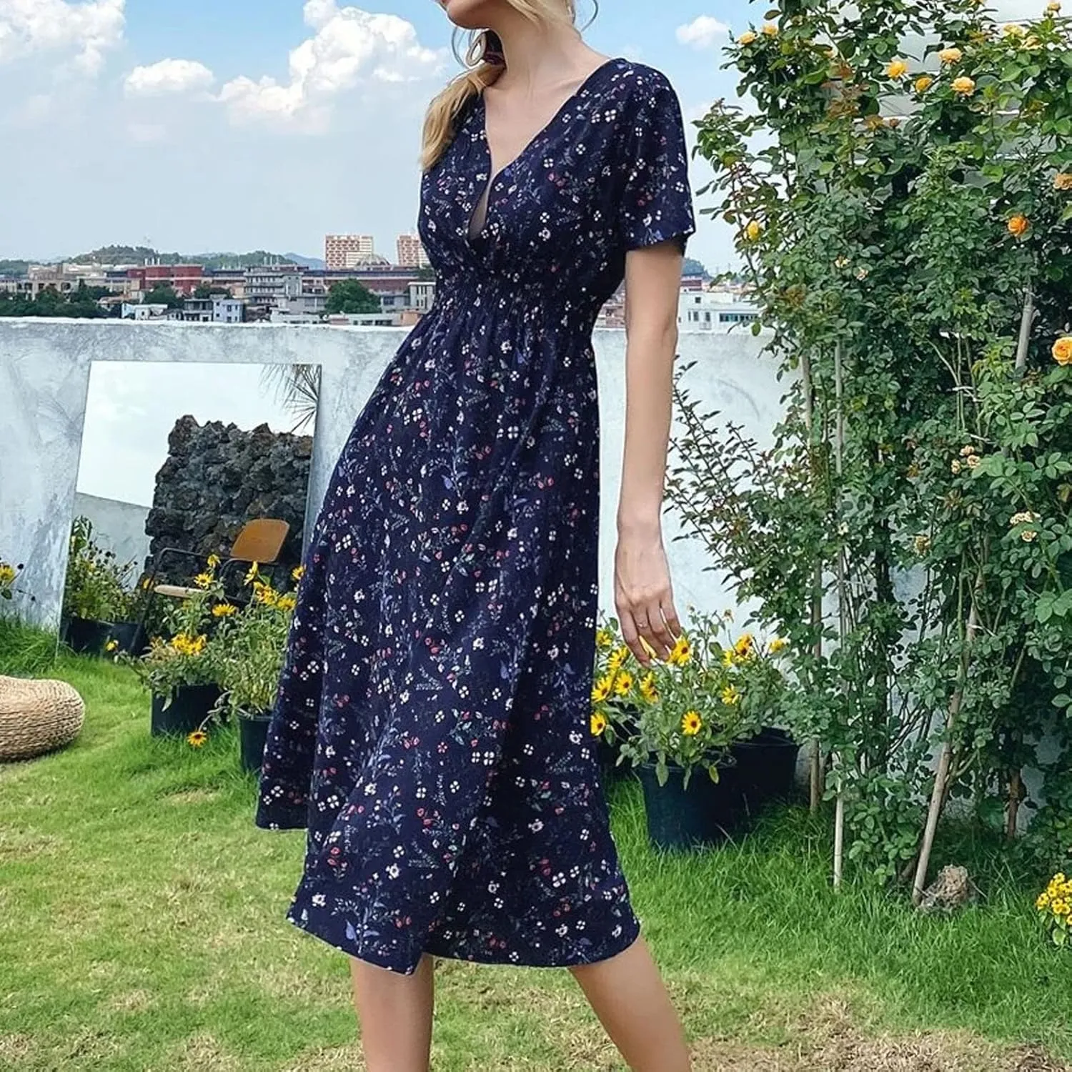 Summer Wrap Dresses for Women 2025 Floral V Neck Knee Length Short Sleeve Dress Hawaiian Boho Wedding Guest Dress