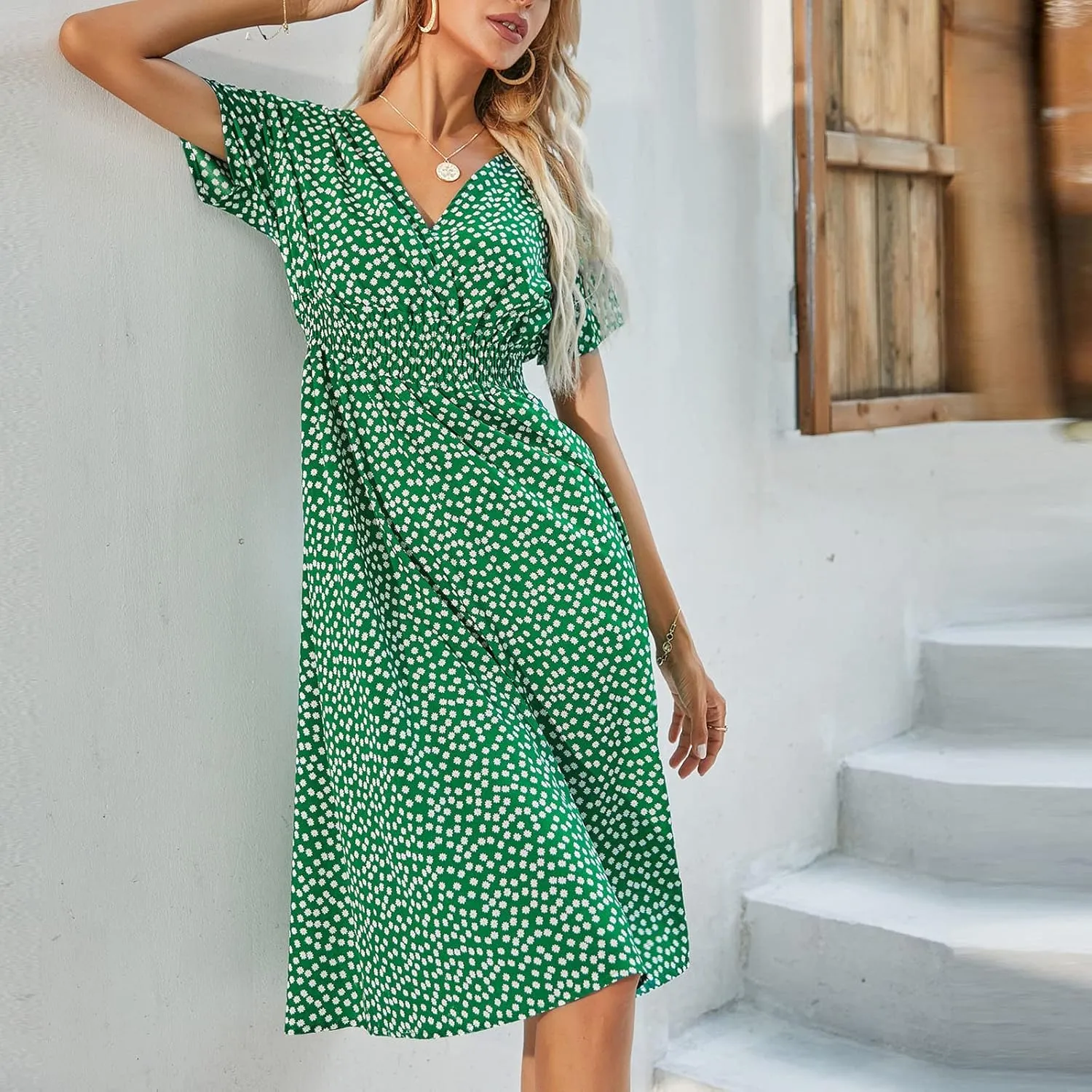 Summer Wrap Dresses for Women 2025 Floral V Neck Knee Length Short Sleeve Dress Hawaiian Boho Wedding Guest Dress