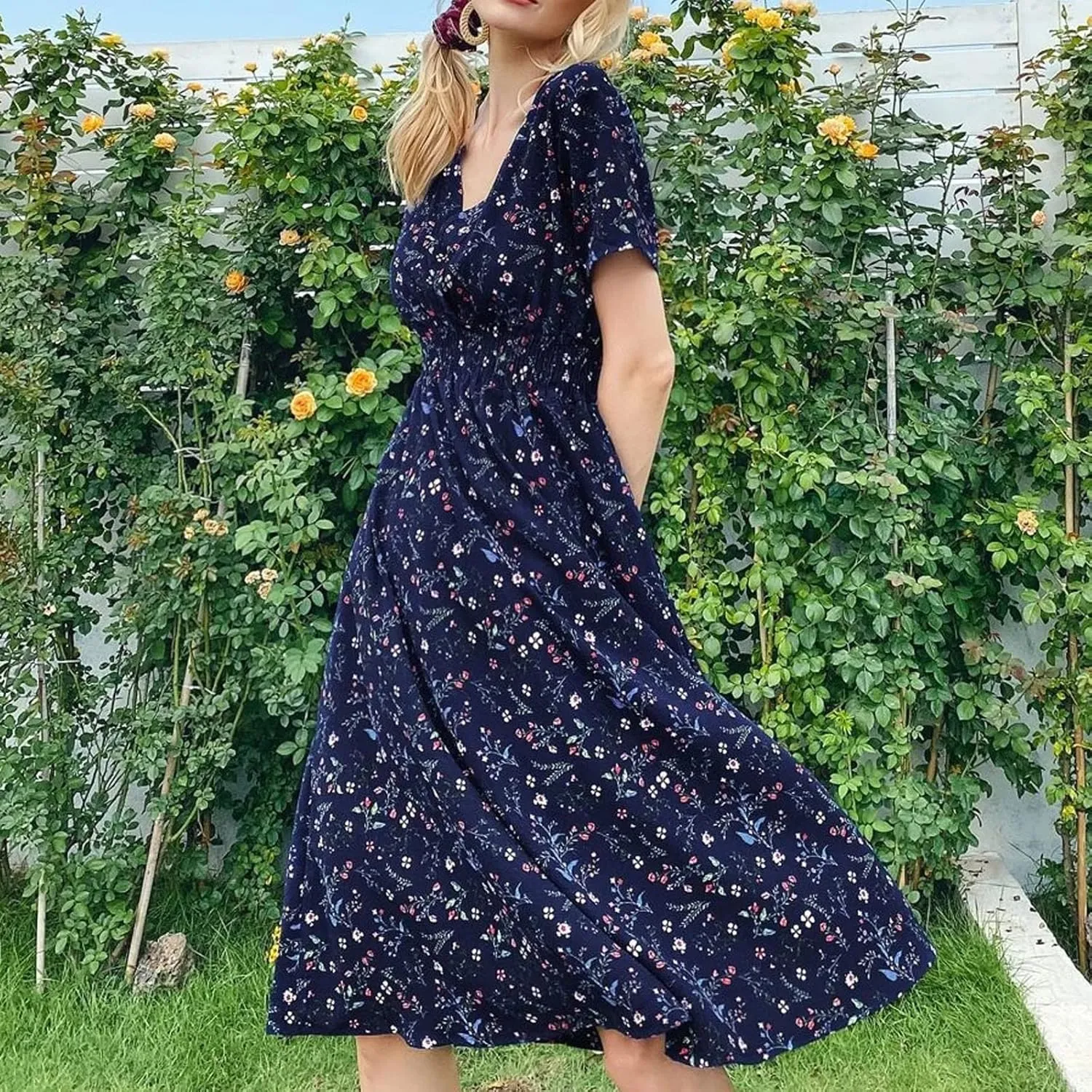 Summer Wrap Dresses for Women 2025 Floral V Neck Knee Length Short Sleeve Dress Hawaiian Boho Wedding Guest Dress