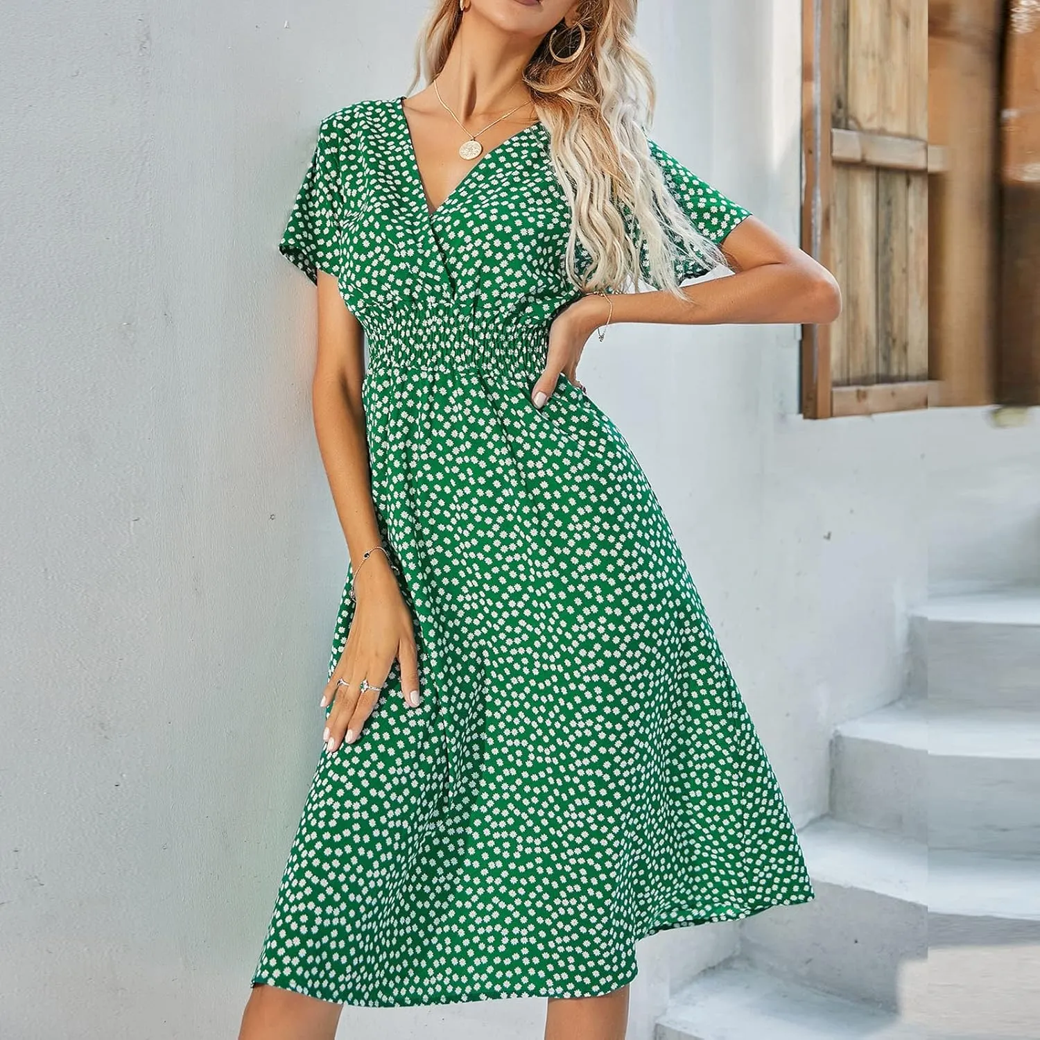 Summer Wrap Dresses for Women 2025 Floral V Neck Knee Length Short Sleeve Dress Hawaiian Boho Wedding Guest Dress