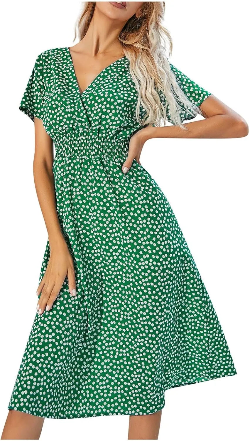 Summer Wrap Dresses for Women 2025 Floral V Neck Knee Length Short Sleeve Dress Hawaiian Boho Wedding Guest Dress