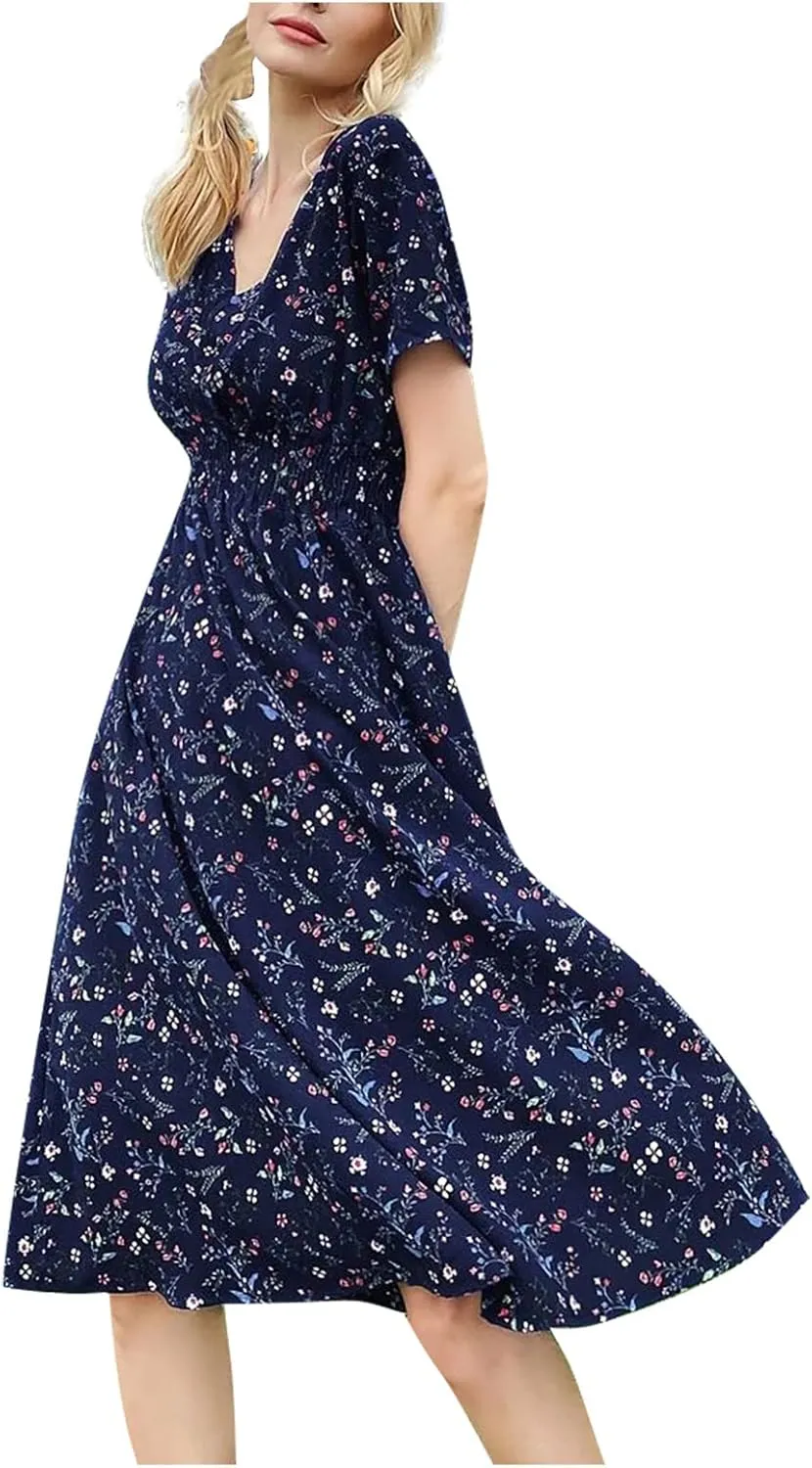 Summer Wrap Dresses for Women 2025 Floral V Neck Knee Length Short Sleeve Dress Hawaiian Boho Wedding Guest Dress