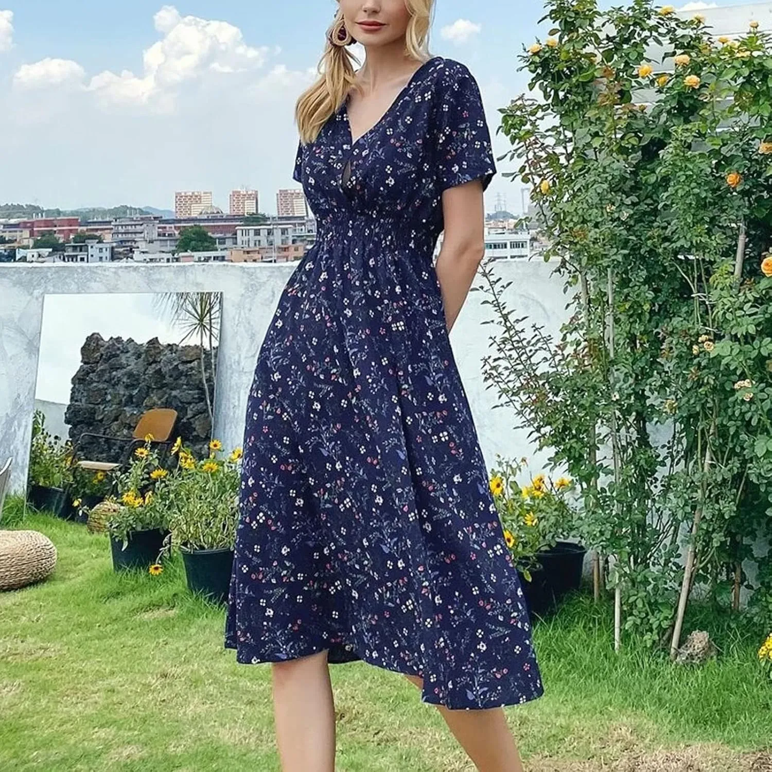 Summer Wrap Dresses for Women 2025 Floral V Neck Knee Length Short Sleeve Dress Hawaiian Boho Wedding Guest Dress
