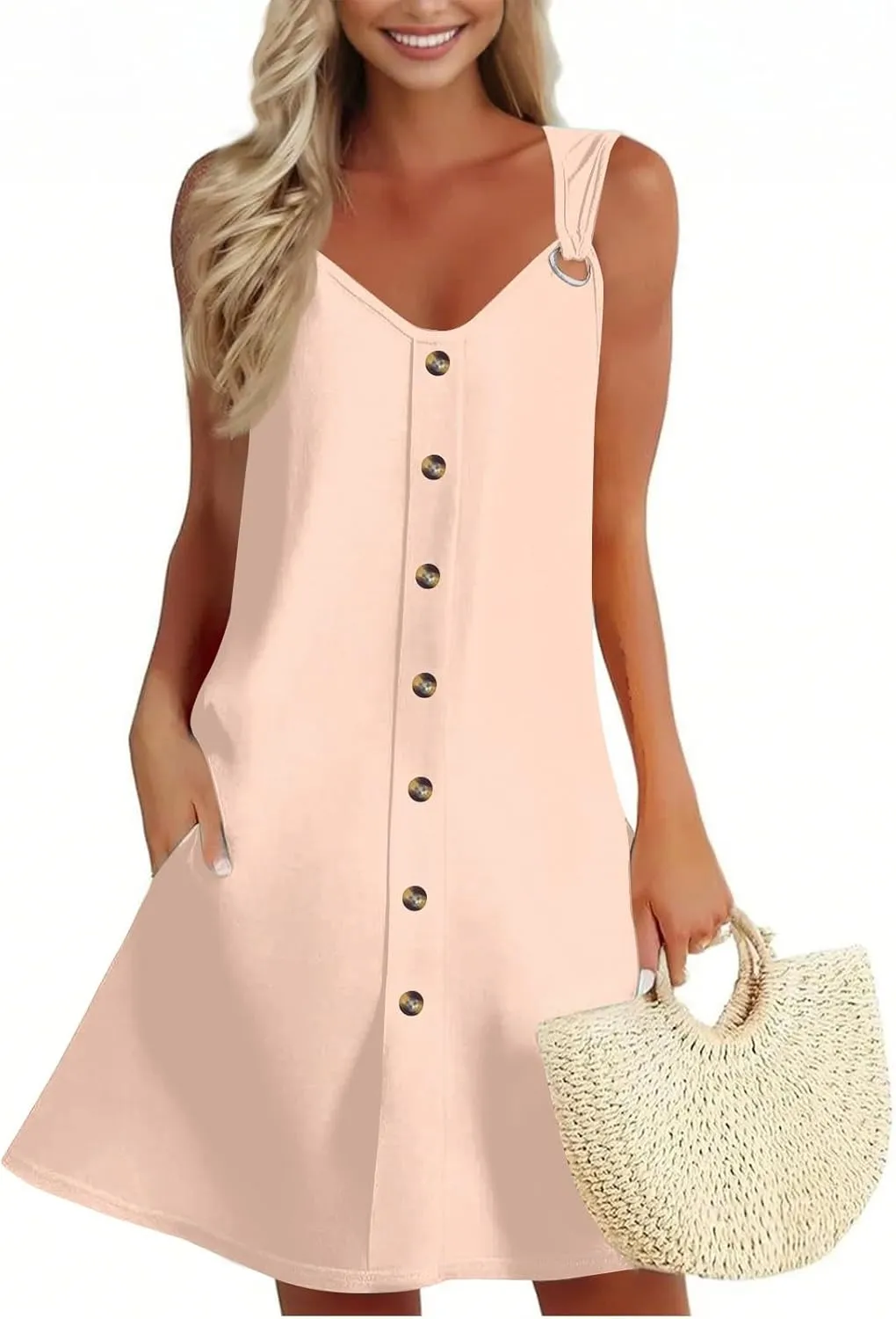 Sundresses for Women 2025 Summer Solid Button Down Sleeveless Midi Dress Loose Vacation Beach Swimsuit Coverups