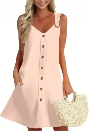 Sundresses for Women 2025 Summer Solid Button Down Sleeveless Midi Dress Loose Vacation Beach Swimsuit Coverups