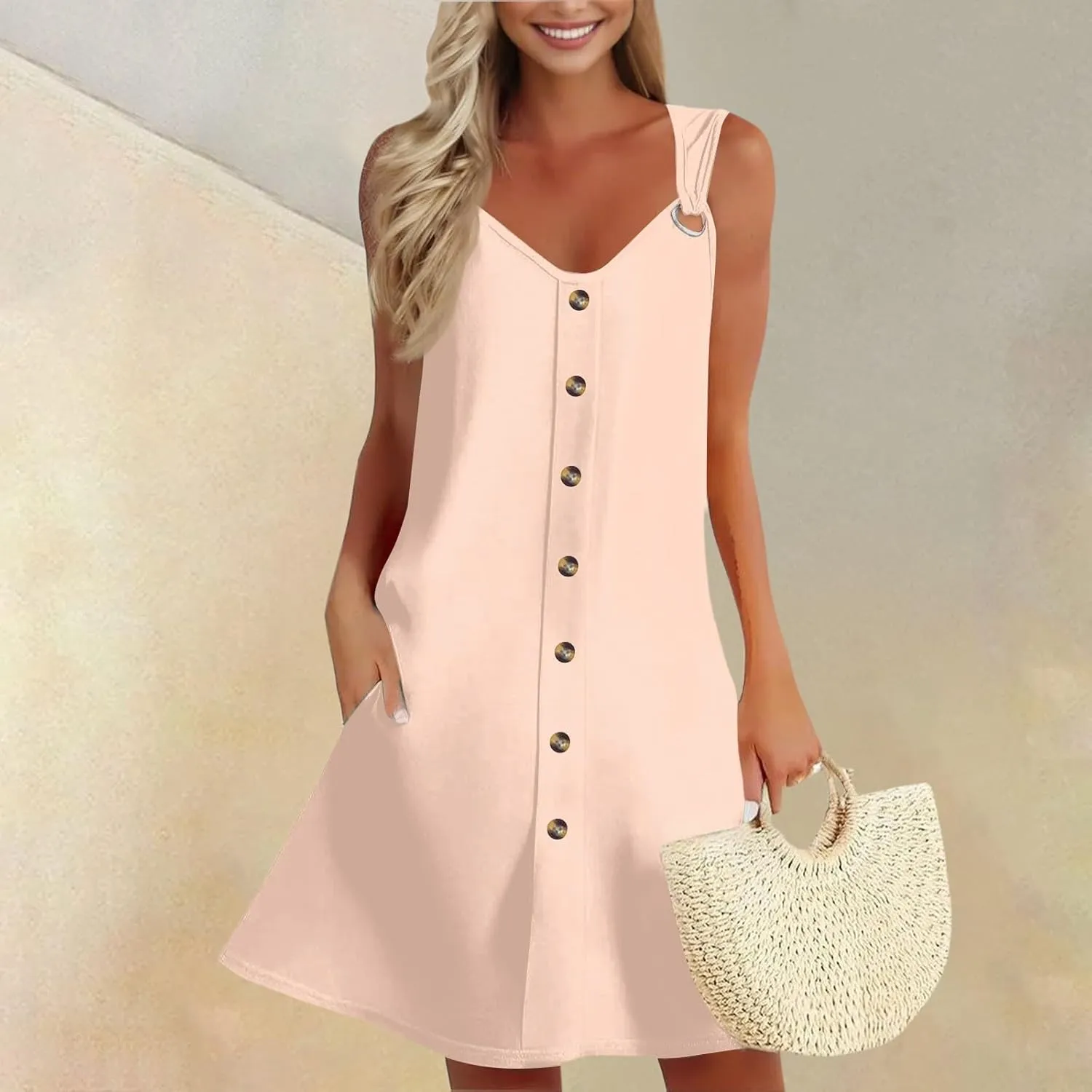 Sundresses for Women 2025 Summer Solid Button Down Sleeveless Midi Dress Loose Vacation Beach Swimsuit Coverups