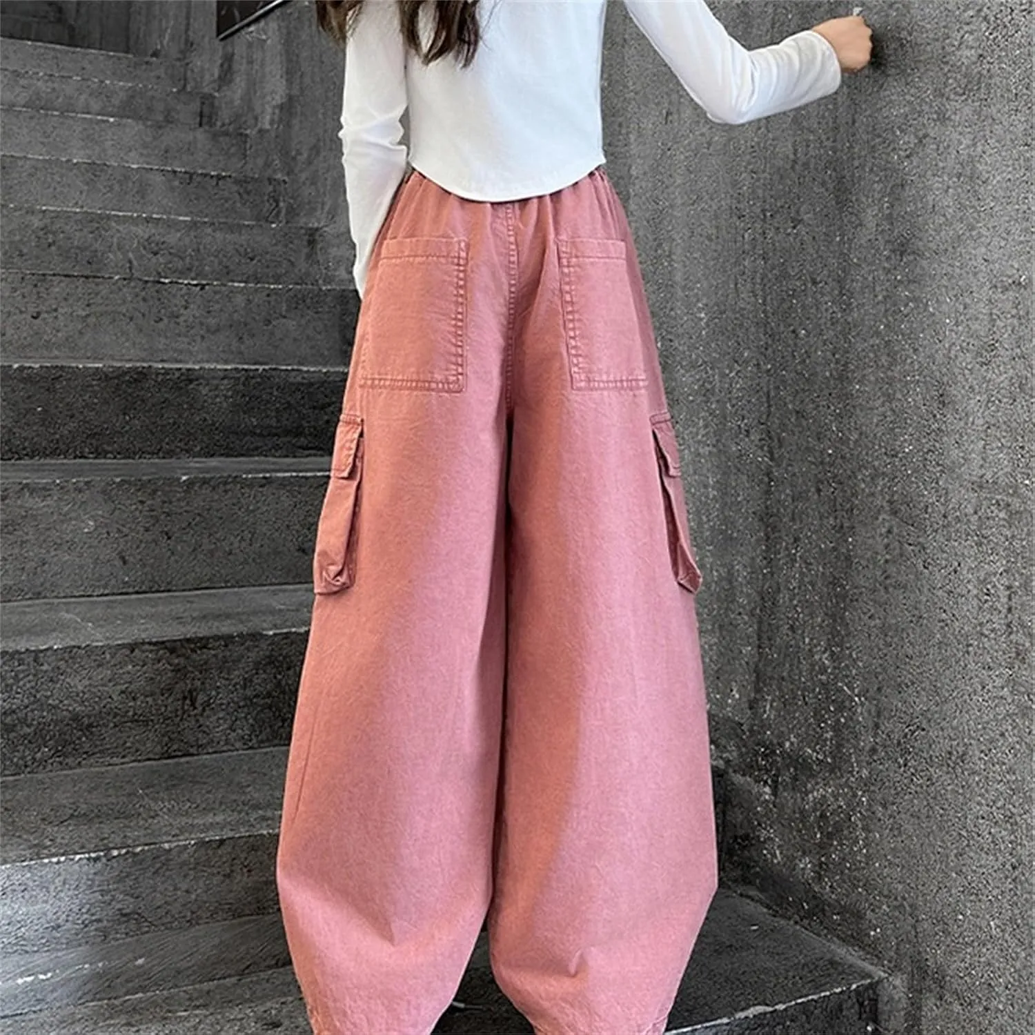 Teen Girls Palazzo Cargo Pants Loose Elastic High Waist Wide Leg Straigh Trousers Summer Solid Comfy Pants with Pockets