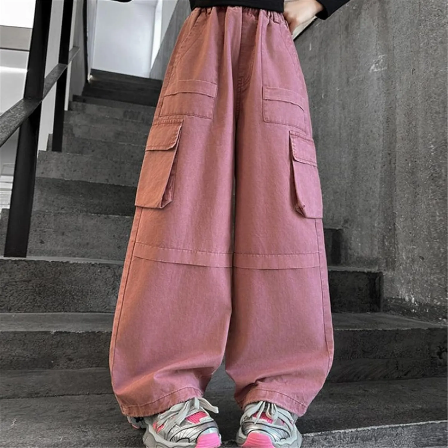 Teen Girls Palazzo Cargo Pants Loose Elastic High Waist Wide Leg Straigh Trousers Summer Solid Comfy Pants with Pockets