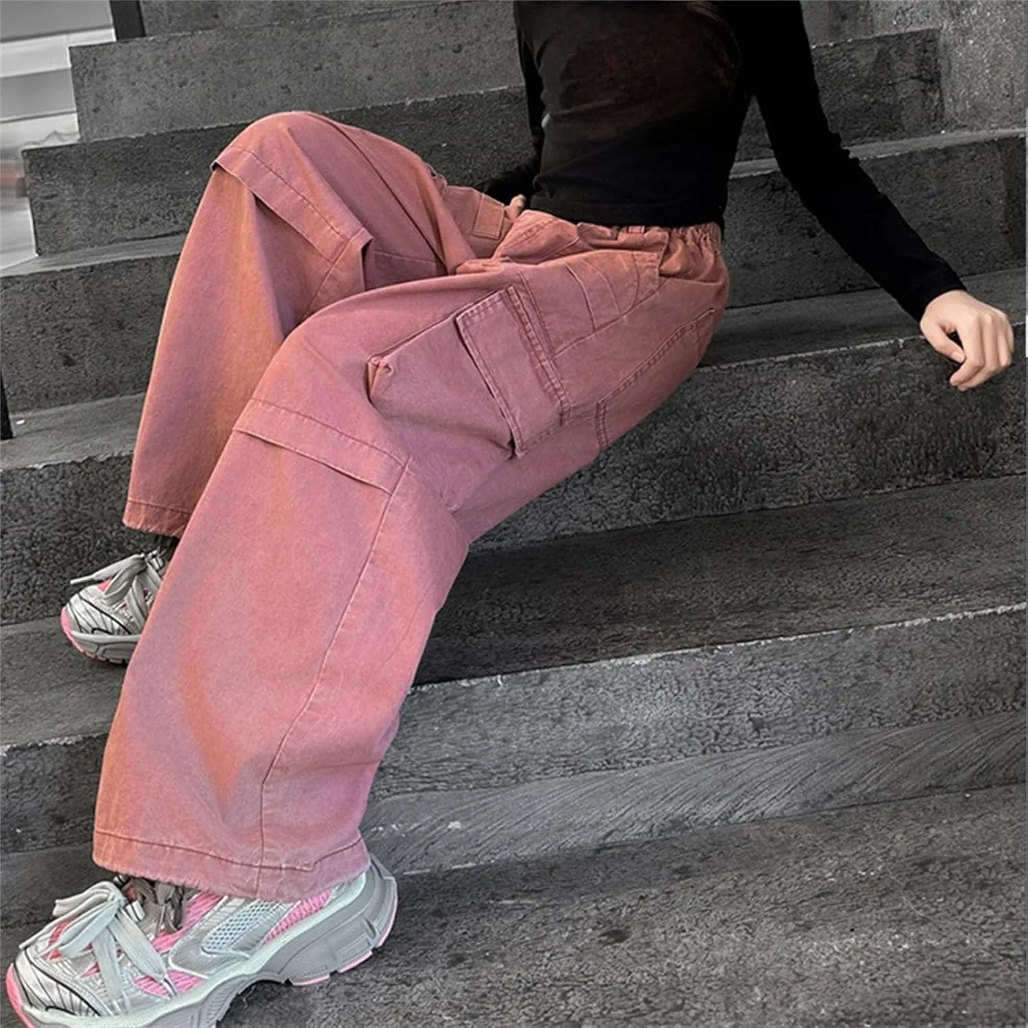 Teen Girls Palazzo Cargo Pants Loose Elastic High Waist Wide Leg Straigh Trousers Summer Solid Comfy Pants with Pockets