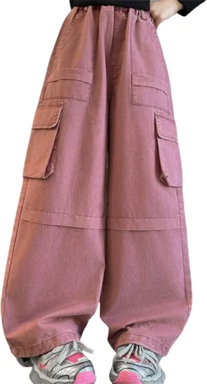 Teen Girls Palazzo Cargo Pants Loose Elastic High Waist Wide Leg Straigh Trousers Summer Solid Comfy Pants with Pockets