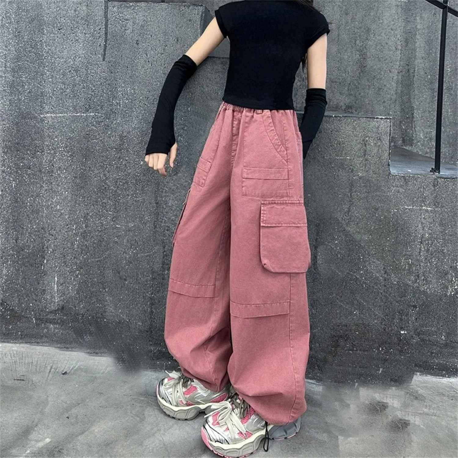 Teen Girls Palazzo Cargo Pants Loose Elastic High Waist Wide Leg Straigh Trousers Summer Solid Comfy Pants with Pockets