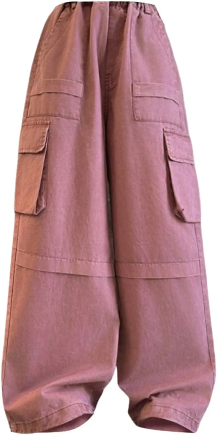 Teen Girls Palazzo Cargo Pants Loose Elastic High Waist Wide Leg Straigh Trousers Summer Solid Comfy Pants with Pockets
