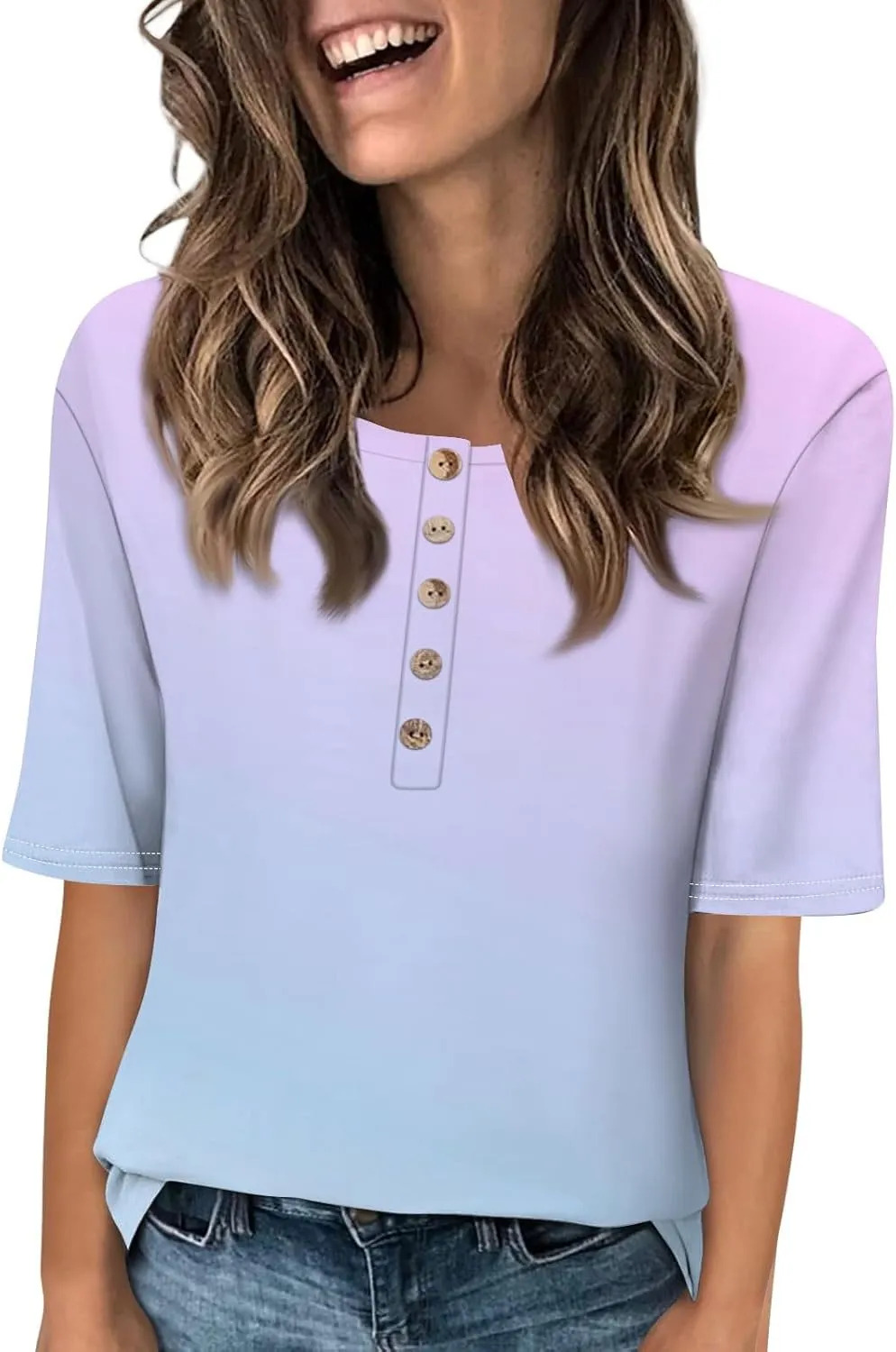 Trendy V - Neck Women's Gradient Printed Five - Point - Sleeved Garment Female's Core T Shirts for The Coming Summer 2025