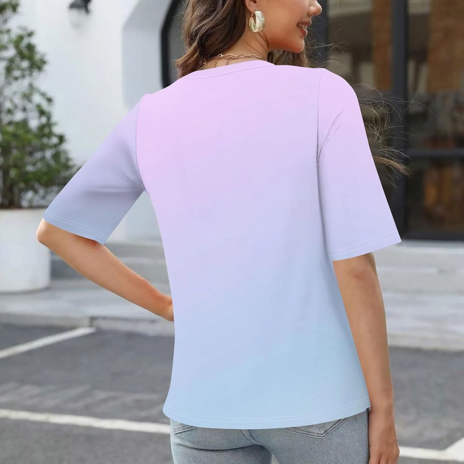 Trendy V - Neck Women's Gradient Printed Five - Point - Sleeved Garment Female's Core T Shirts for The Coming Summer 2025