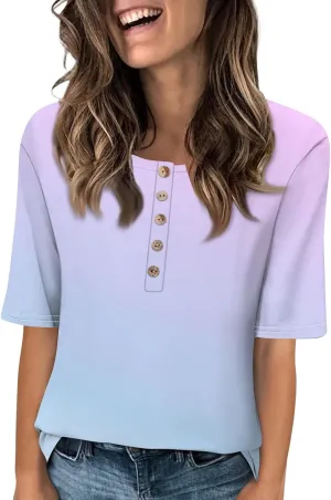 Trendy V - Neck Women's Gradient Printed Five - Point - Sleeved Garment Female's Core T Shirts for The Coming Summer 2025