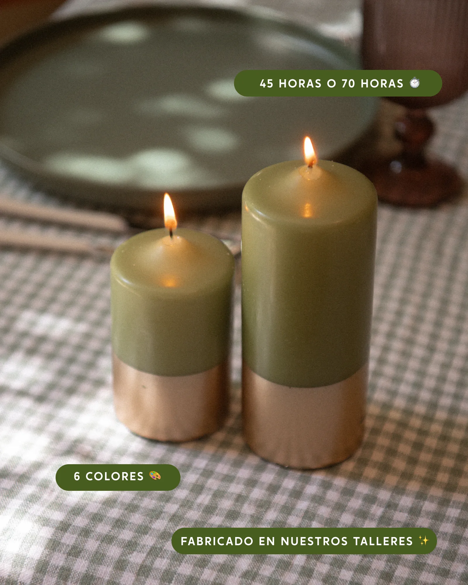 Vela Pilar - Verde Olivia y Oro