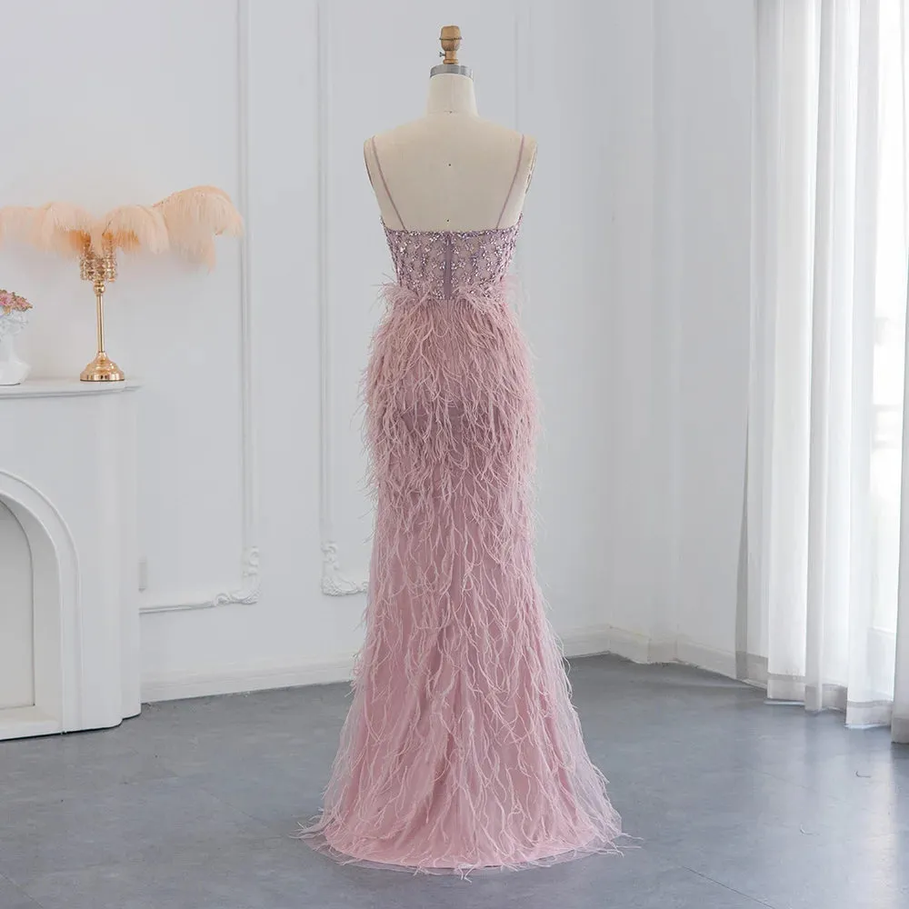 Vestido de Festa com Plumas e Alça Brilho - Modelo Especial