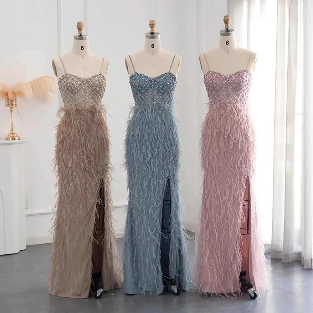 Vestido de Festa com Plumas e Alça Brilho - Modelo Especial
