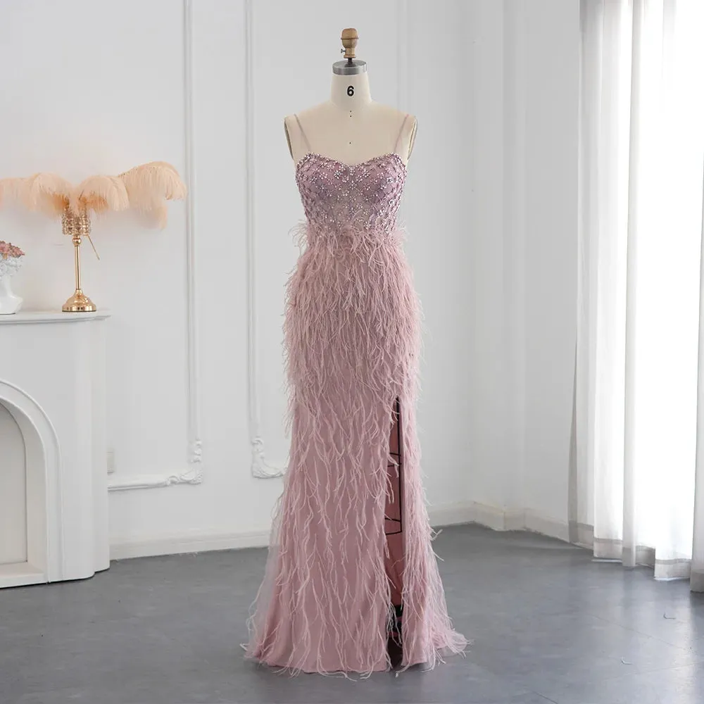 Vestido de Festa com Plumas e Alça Brilho - Modelo Especial