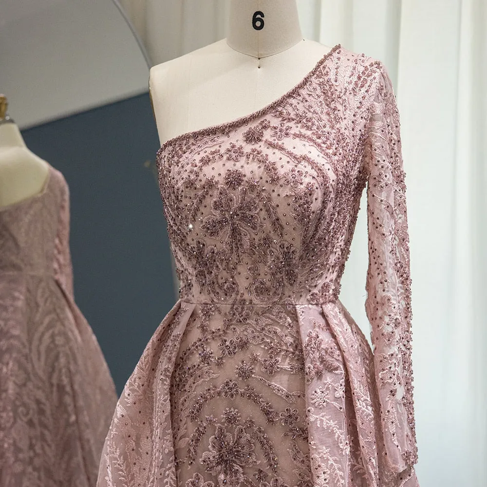 Vestido de Festa Maxi Luxo Decorado com Cristais e Manga Assimétrica - Modelo Especial