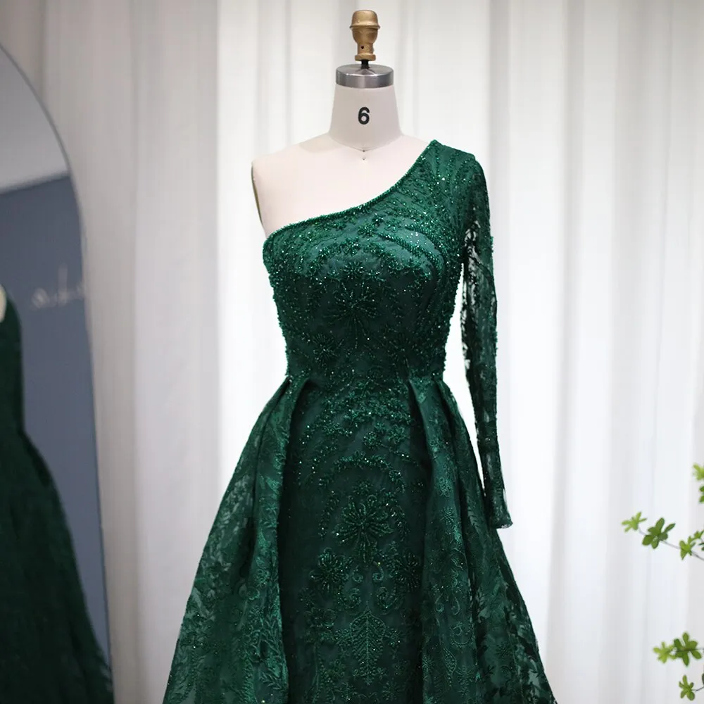 Vestido de Festa Maxi Luxo Decorado com Cristais e Manga Assimétrica - Modelo Especial
