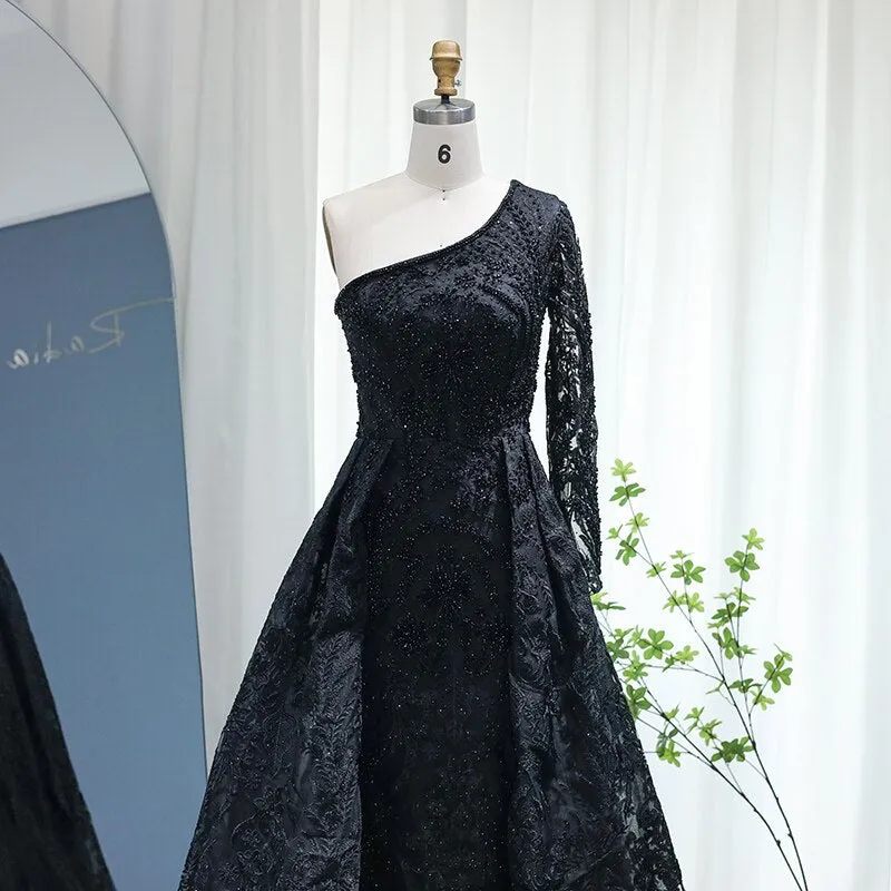 Vestido de Festa Maxi Luxo Decorado com Cristais e Manga Assimétrica - Modelo Especial