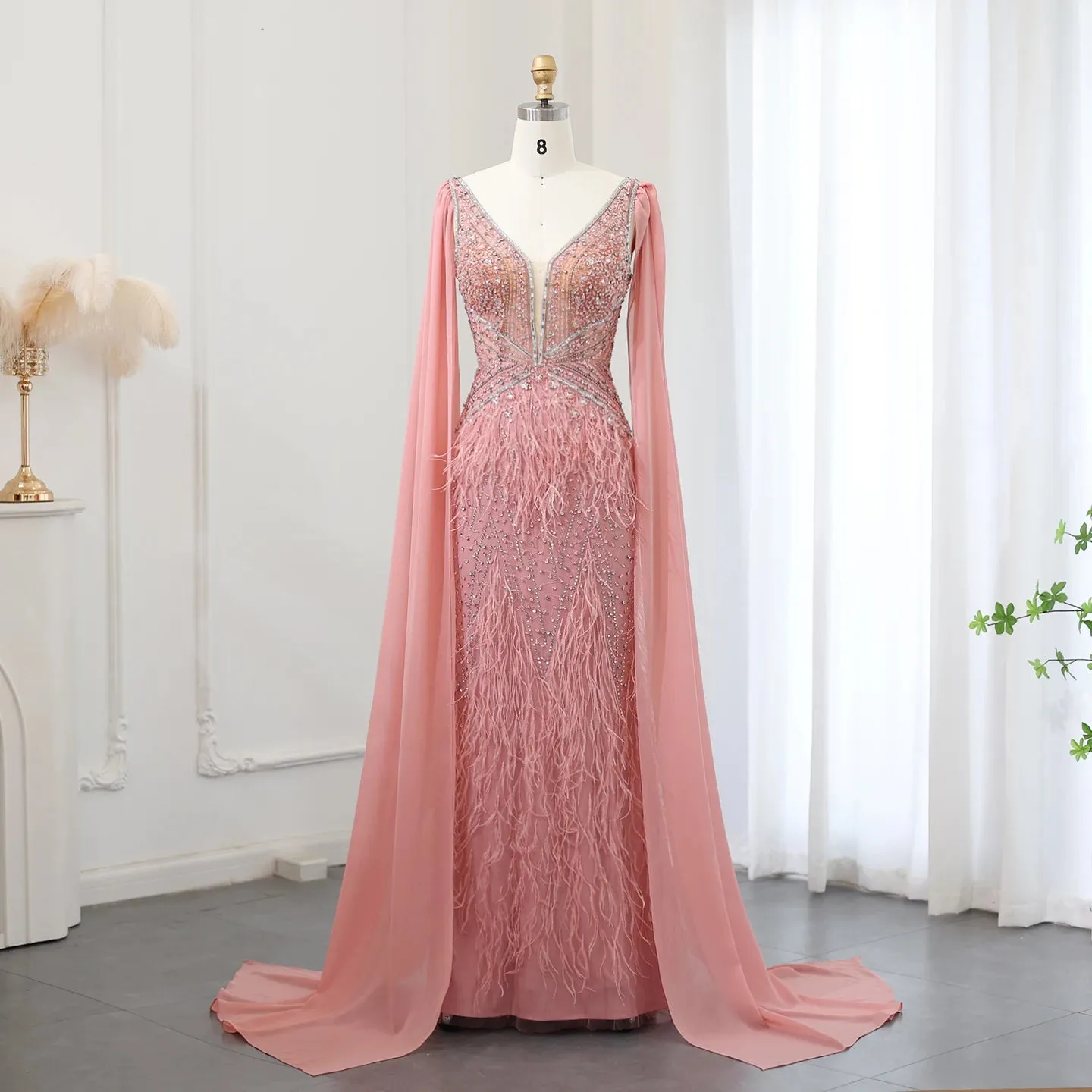 Vestido de Festa Sereia com Manga Capa Longo Exuberante - Modelo Especial