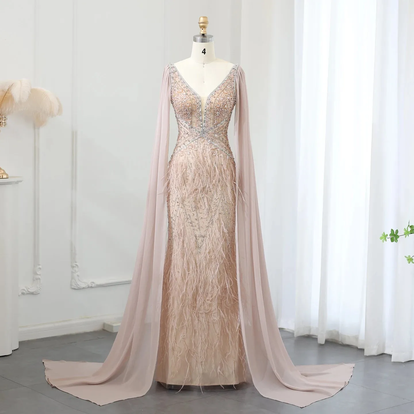 Vestido de Festa Sereia com Manga Capa Longo Exuberante - Modelo Especial
