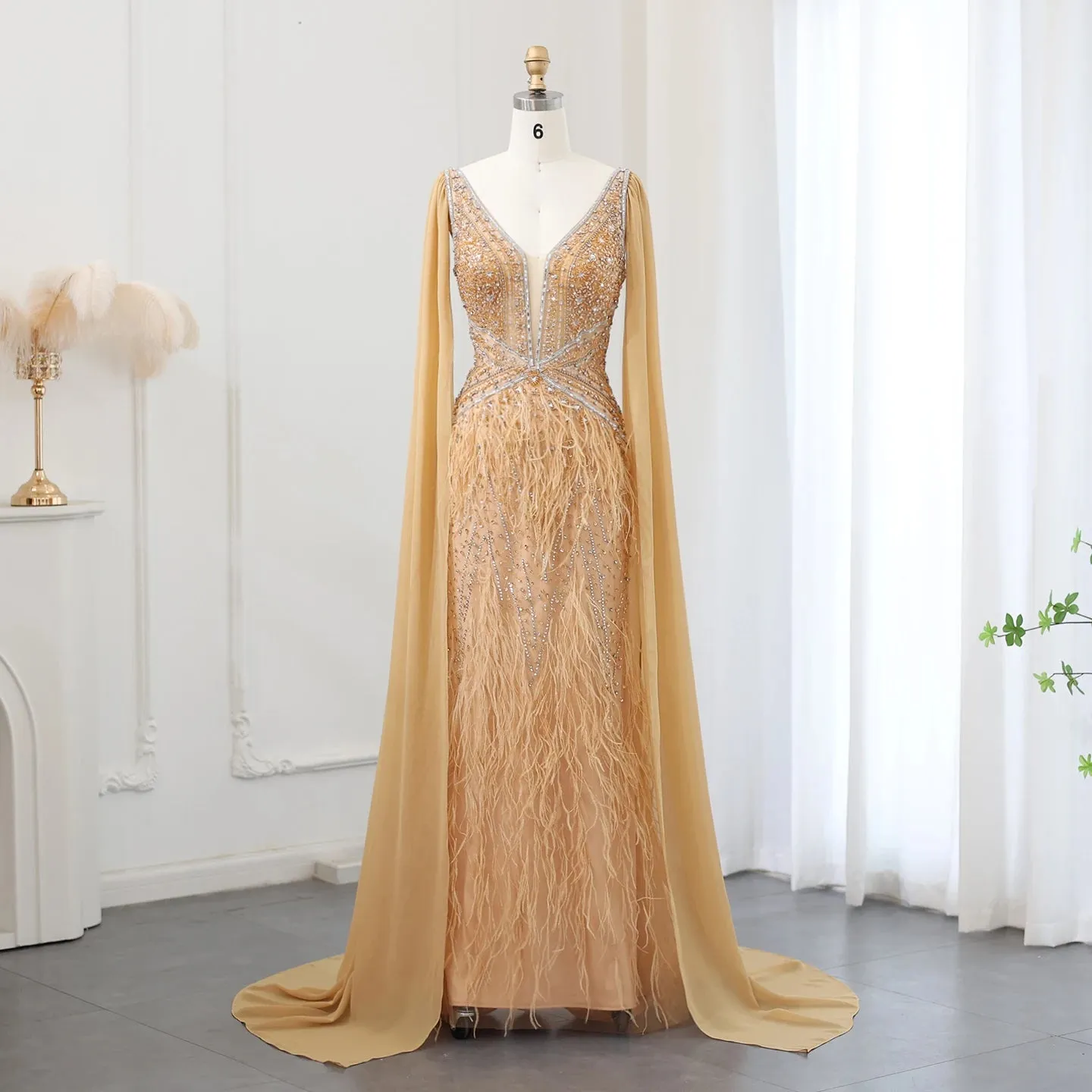 Vestido de Festa Sereia com Manga Capa Longo Exuberante - Modelo Especial