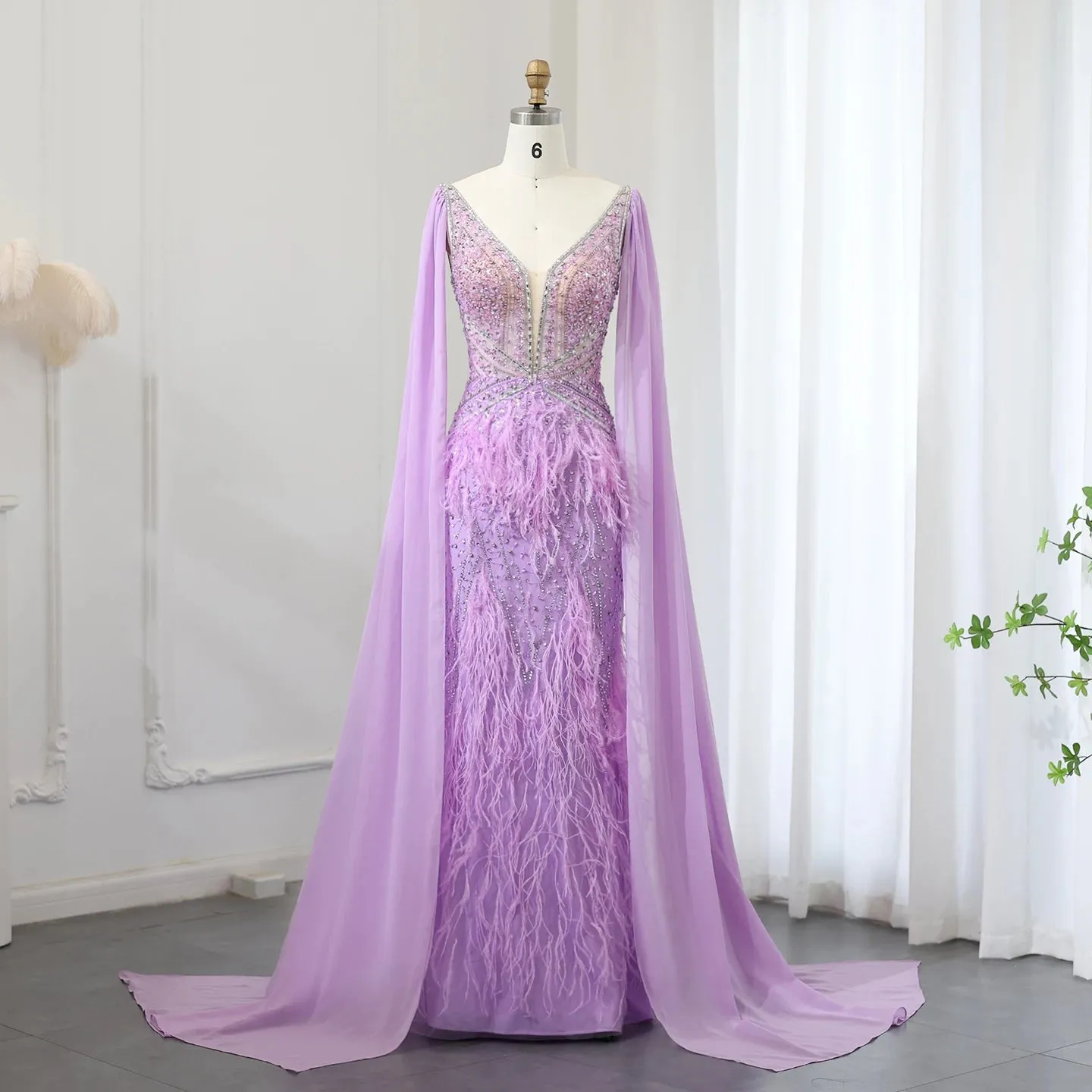Vestido de Festa Sereia com Manga Capa Longo Exuberante - Modelo Especial